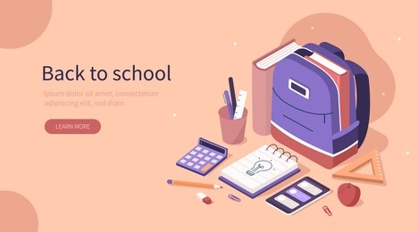 student backpack with book inside and different school supplies like notebook, pencil, eraser and other education items at desk. back to school concept. flat isometric vector illustration.