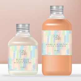 vector soda or juice beverage clear plastic bottle with metallic silver screw cap. pastel abstract wrap around label design.