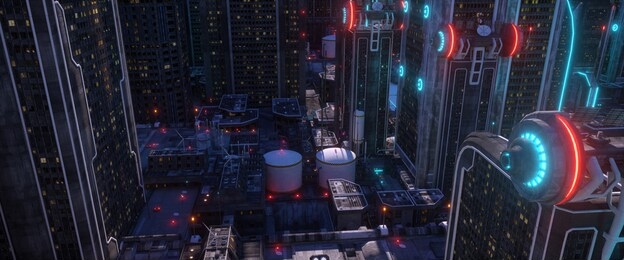 industrial area in a futuristic city. wallpaper in a cyberpunk style. cityscape from a top view. urban landscape with bright neon lights and huge futuristic buildings. 3d illustration.