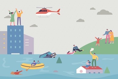 floods flooded the city. people evacuating and sending rescue signals. flat design style minimal vector illustration.