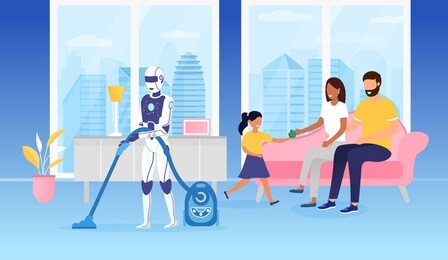 domestic robot using a vacuum cleaner futuristic concept. young happy family sitting on the couch and enjoying life with technology. robot with a vacuum cleaner in the living room. vector illustration