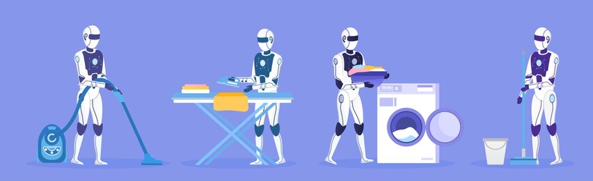 a group of four robots doing a housework. domestic robot housekeeping concept. futuristic technologies. artificial intelligence. robot assistant. flat vector illustration.