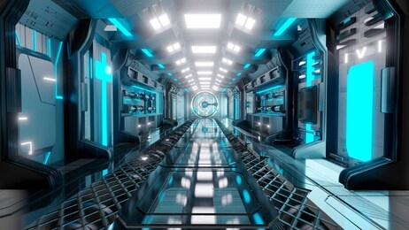 3d illustration sci-fi spaceship corridor science background blue metal neon, 3d rendering