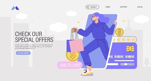 people shop online. woman with shopping bags buy and pay online in a store through mobile application with her credit card. concept of e-commerce and online shopping for banner, landing or web page.