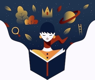 illustration for world's book day. young woman reading, imagination flowing, stories being told. minimal work of art for presentations, ecommerce, blogs, corporate, etc.