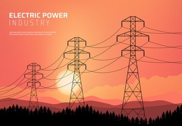 energetics, power transmission line, electric industry vector poster. transmission high voltage towers with wires and cables on nature sunset background with mountains and fir trees silhouettes