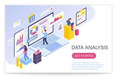 data analysis process, big data concept 3d isometric illustration. people interacting with virtual screen charts and analyzing statistics