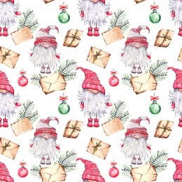 seamless pattern with scandinavian dwarfs known as nissers, tomtars or elves. new year and christmas design. watercolor illustration.