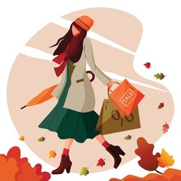 girl walks holding shopping bags and closed umbrella in autumn windy weather. great for poster, banner, flyer for autumn sale discount advertisement or promotion.