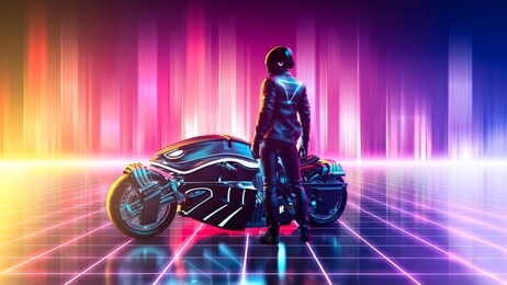 futuristic motorbike on a vibrant colorful retrowave landscape with a grid pattern in the cyberspace horizontal version - concept art - 3d rendering 