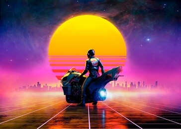 cyberpunk biker on a futuristic motorbike on a retrowave landscape in the sunset - concept art - 3d rendering