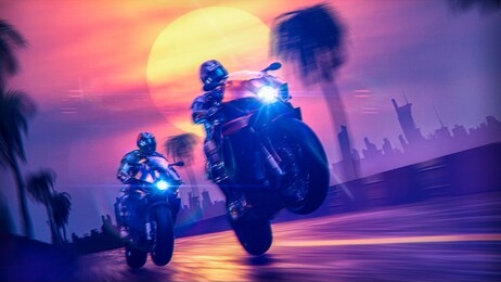 futuristic biker on a retrowave sunset with a glitch and high-speed effect - concept art - 3d rendering