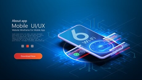 the wi fi 6 logo on smartphone is blurred on a futuristic blue background. the smartphone connects to the new high-speed wi-fi network 6. smartphone with 3d isometry. high internet speed, speed test