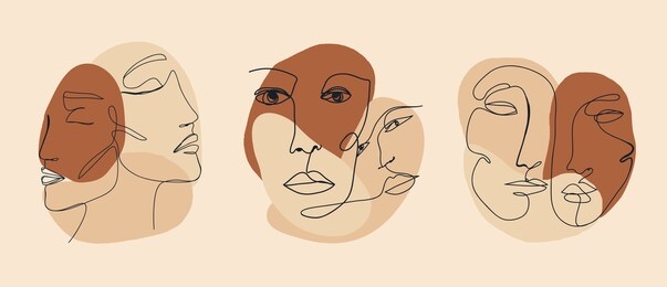 trendy vector set of illustrations in minimal linear style. face continuous line art. 