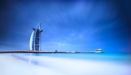 burj al arab hotel on jumeirah beach in dubai, modern architecture, luxury beach resort, summer vacation and tourism concept