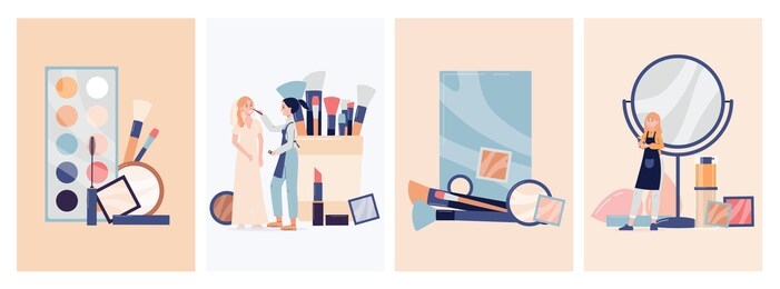 set of social media banners or cards for makeup artist with women characters, professional cosmetic holiday makeup services advertising posters flat vector illustration.