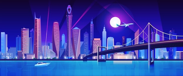 city bridge over water bay at night vector illustration. cartoon flat modern bridge to downtown futuristic neon metropolis, downtown cityscape waterfront buildings, tower skyscrapers landscape view