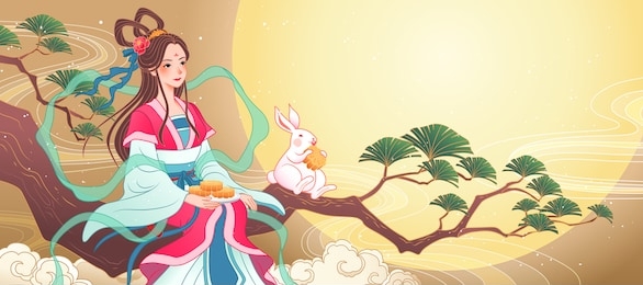 mid autumn festival banner with beautiful chang e enjoys full moon and mooncakes on a pine tree branch