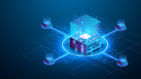 concept big data processing center, cloud database, server energy station future. data transmission technology. synchronizing personal information. cube or box  block chain of abstract finance data