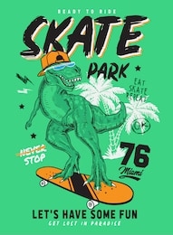 skater dinosaur wearing a hat on skateboard with yellow background and palm trees for printing and general use.