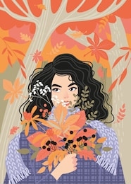 enjoy the fall concept. a cute girl smiling and holding a bouquet of red and orange leaves on a background of an autumn forest. illustration in flat style