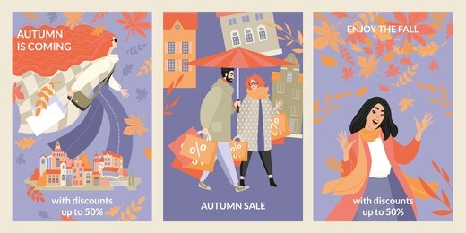 set of vector autumn sale banners with happy people on cityscape background. enjoy the fall with discounts. illustration with cute characters in flat style