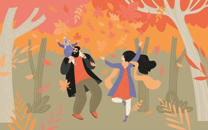 enjoy the fall concept. happy family having fun on the background of the autumn forest. illustration with cute characters in flat style