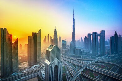 dubai city center skyline with luxury skyscrapers at sunrise, united arab emirates