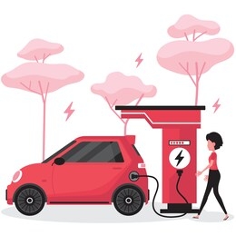 charing electric car to save energy feature a lady stand next to the charger