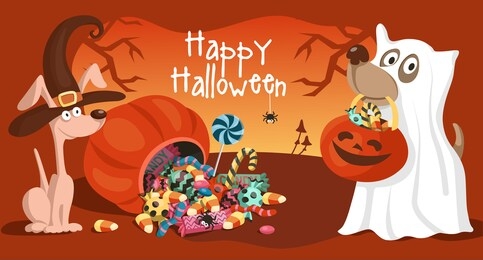 two cute cartoon dogs in halloween witch and ghost costumes. trick or treat, happy halloween. vector illustration or postcard.