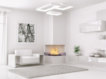 interior of modern white room with armchair and fireplace 3d render
