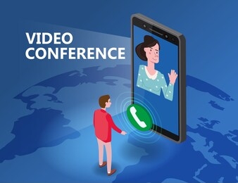 online meeting video conference man on screen phone talking by internet in videocall, chat, isometry. workspace remote management communication meeting. vector illustration isolated trendy flat style