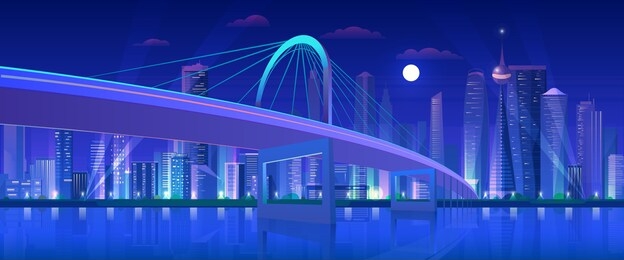 city bridge at night vector illustration. cartoon flat modern urban neon futuristic skyline, cityscape tower skyscrapers downtown, highway bridge over water. future waterfront landscape background
