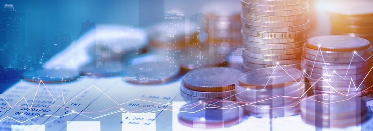 double exposure of coins stack with graph chart. economic, financial and stock market growth concept. forex trading candlestick chart economic, ecn digital economy, business, money, passive income.