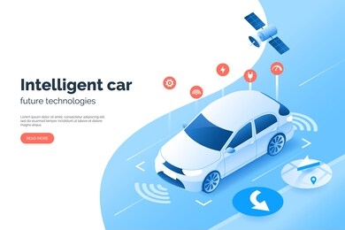 smart car technology illustration, isometric style. vehicle gps satellite navigation system. autonomous car scans the space and road around it. condition monitoring system of auto.