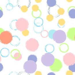 black brush circle. vector seamless pattern. bright design. white abstract background with watercolor fall chaotic shapes. modern artistic textile. chalk brush rounds, confetti.

