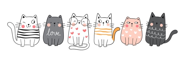 draw vector illustration character collection funny cute cat.doodle cartoon style.