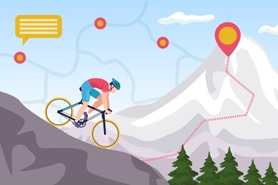 mountain bike competition, biking extreme sport ride vector illustration. downhill cycling. man biker high jump on mountain with map signs, cycle race, nature adventure, athlete in helmet on bicycle.