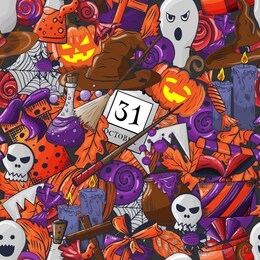 cartoon cute doodles hand drawn halloween seamless pattern. colorful detailed, with lots of objects background. endless funny vector illustration. all objects separate.
