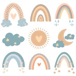 flat illustration of cute cartoon rainbows in colored doodle style. weather illustration set.