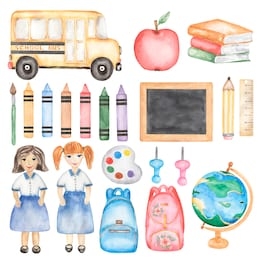 set of school items on white background. hand drawn watercolor illustration. bus, teacher, girl, books,  stationery, education, globe, kids art