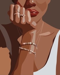 beauty illustration. fashion portrait of a woman with her hands at her face, template for jewellery display