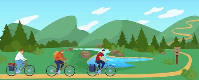 people travel by bike flat vector illustration. cartoon active cyclist character traveling, cycling in summer natural mountain landscape, summertime adventure, outdoor nature sport activity background