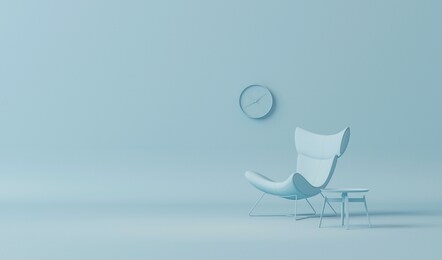 interior of the room in plain monochrome pastel blue color with furnitures and room accessories. light background with copy space. 3d rendering for web page, presentation or picture frame backgrounds.