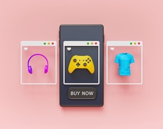 shopping online on a smartphone. modern mobile application interface. minimal icons. 3d rendering