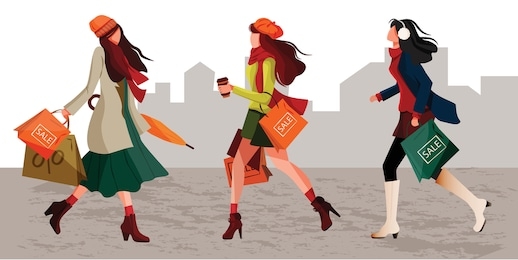 character set of stylish women walking holding shopping bag in autumn warm outfits. fashionable young girls enjoying discounts. great for poster, banner, flyer for autumn sale discount advertisement