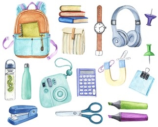 back to school watercolor clipart. childrens school supplies. stationery, study items stickers, backpack, books.