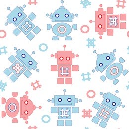 robots seamless pattern in blue and red colors