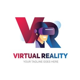 vr letter logo design. woman wearing virtual or augmented reality glasses. vector illustration