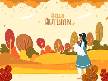illustration of young girl standing on colorful nature background for hello autumn.